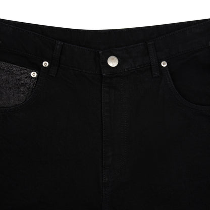 OFFCODE.USA black denim jeans with balloon fit, 14oz Japanese-style cotton, raw denim coin pocket, and intricate embroidery.