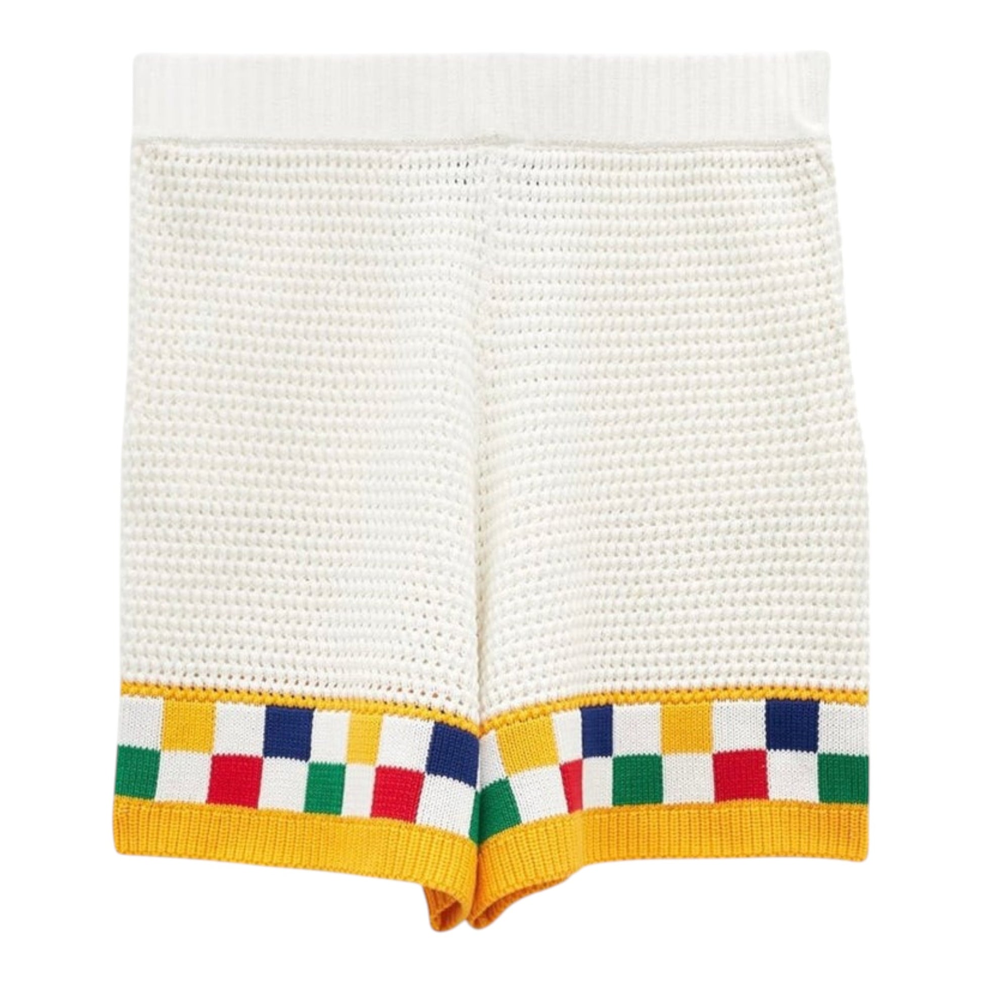OFFCODE.USA white faux crochet shorts with yellow trim and colorful checkered pattern at hem.