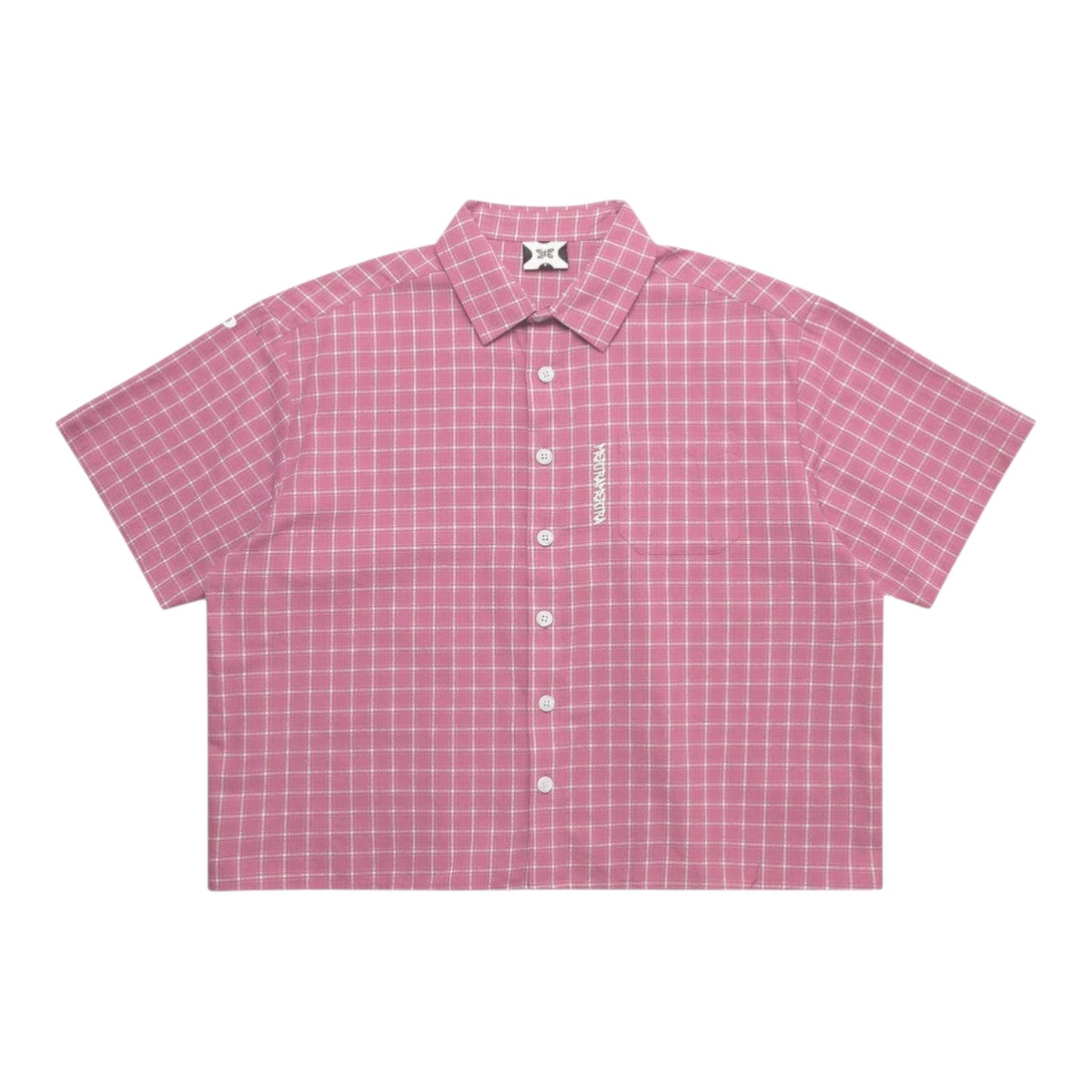 OFFCODE.USA pink plaid 100% cotton cropped short-sleeve shirt with embroidered front graphic and tortoise shell buttons.