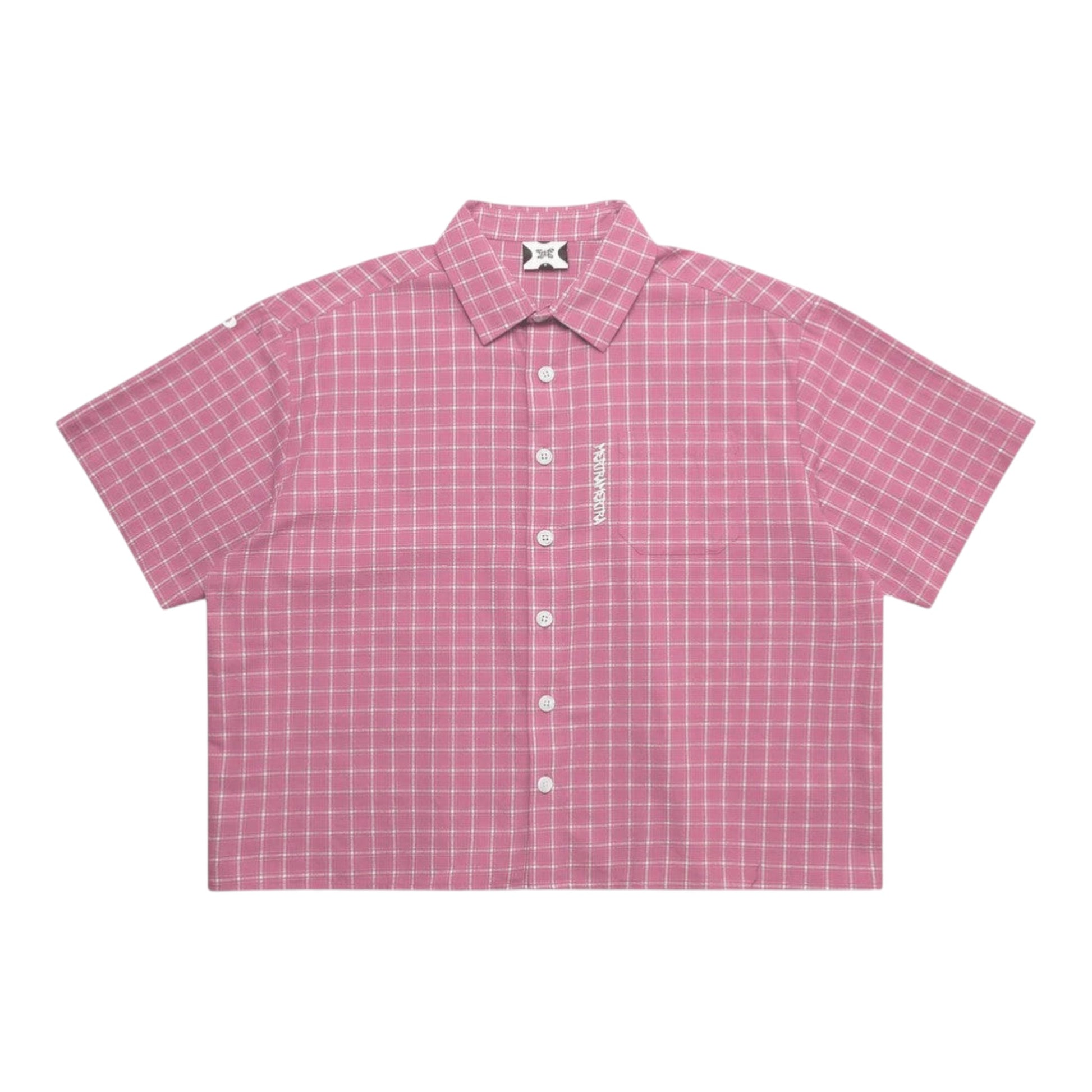 OFFCODE.USA pink plaid 100% cotton cropped short-sleeve shirt with embroidered front graphic and tortoise shell buttons.