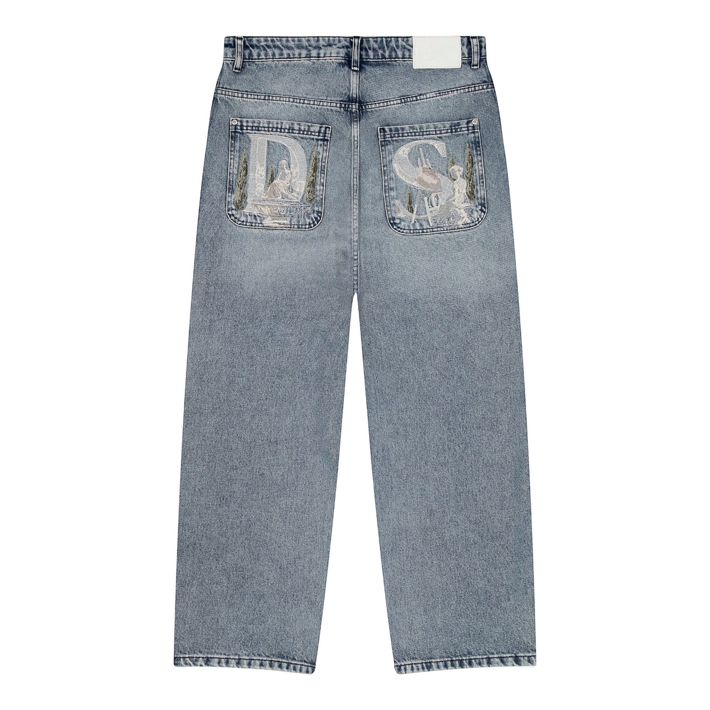 OFFCODE.USA gallery washed indigo denim jeans with embroidered back pockets and a debossed leather patch. Baggy fit, 100% cotton.