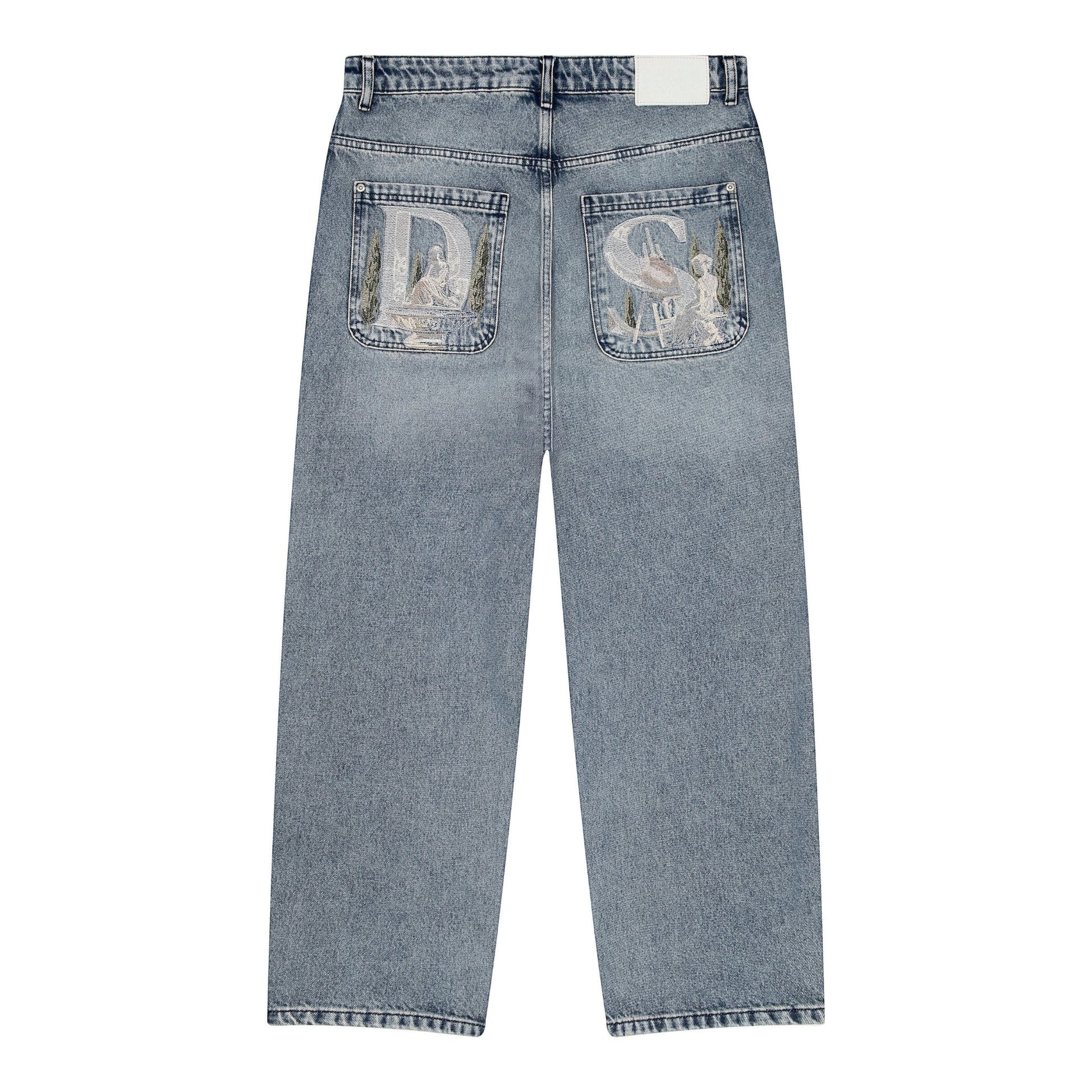 OFFCODE.USA gallery washed indigo denim jeans with embroidered back pockets and a debossed leather patch. Baggy fit, 100% cotton.