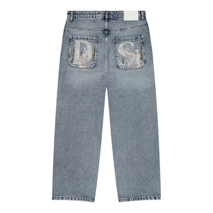 OFFCODE.USA gallery washed indigo denim jeans with embroidered back pockets and a debossed leather patch. Baggy fit, 100% cotton.