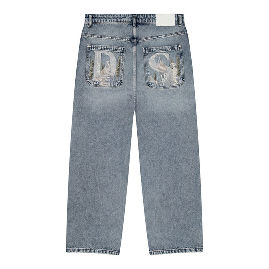 OFFCODE.USA gallery washed indigo denim jeans with embroidered back pockets and a debossed leather patch. Baggy fit, 100% cotton.