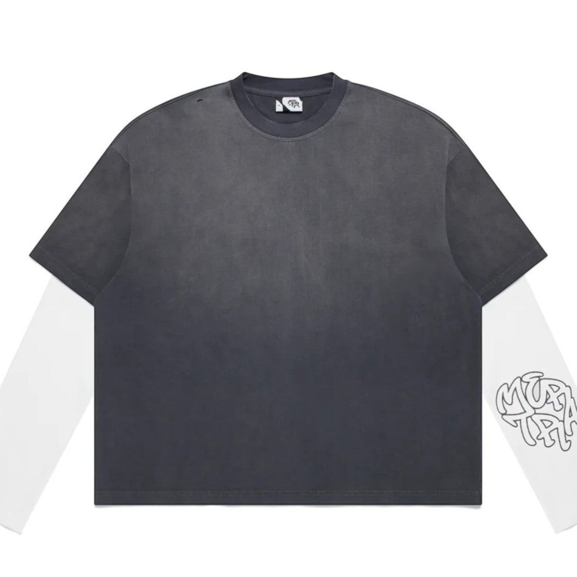 OFFCODE.USA grey sun-faded 100% cotton layered tee with built-in waffle long sleeves and distressed details.