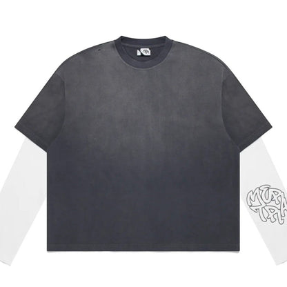 OFFCODE.USA grey sun-faded 100% cotton layered tee with built-in waffle long sleeves and distressed details.
