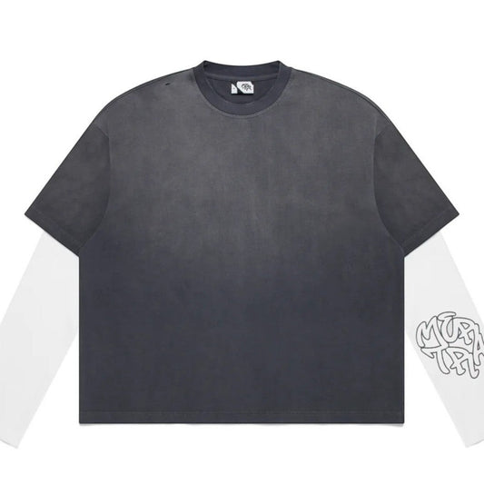 OFFCODE.USA grey sun-faded 100% cotton layered tee with built-in waffle long sleeves and distressed details.