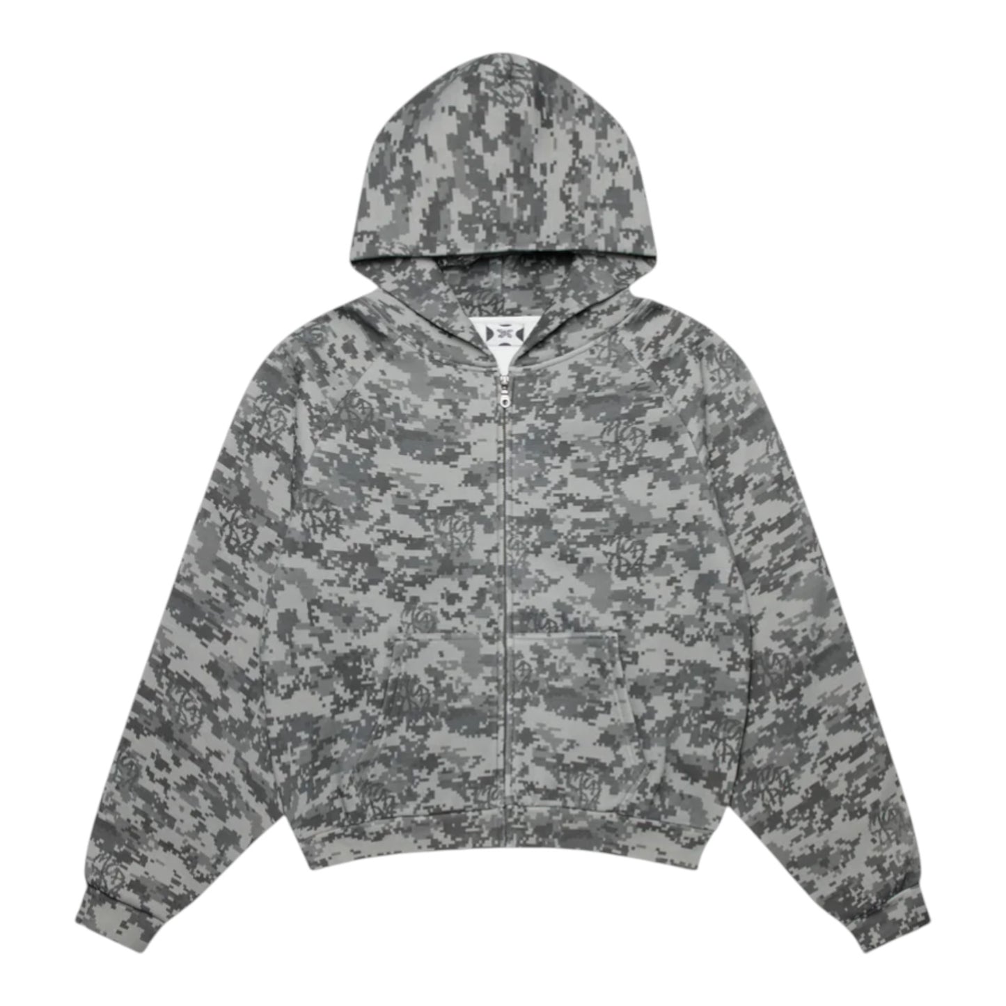 OFFCODE.USA Glitch Hood zip-up hoodie in dark grey digital camo pattern, 100% cotton with fleece lining.
