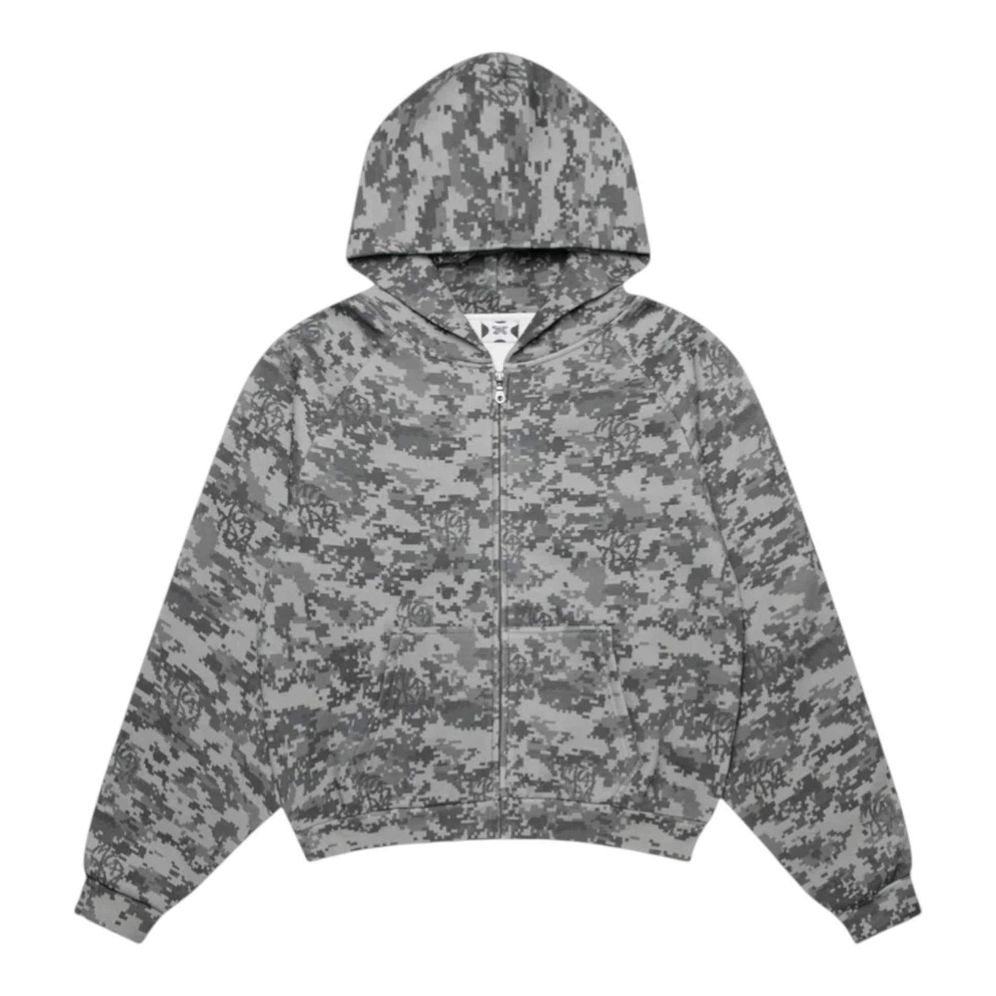 OFFCODE.USA Glitch Hood zip-up hoodie in dark grey digital camo pattern, 100% cotton with fleece lining.