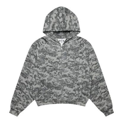 OFFCODE.USA Glitch Hood zip-up hoodie in dark grey digital camo pattern, 100% cotton with fleece lining.