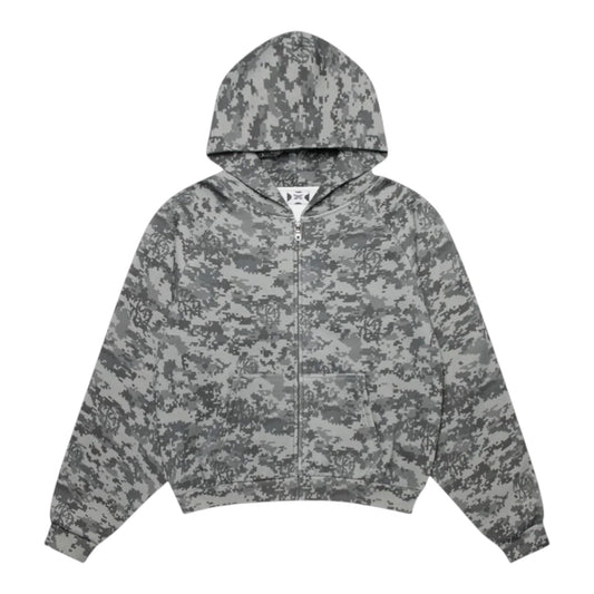 OFFCODE.USA Glitch Hood zip-up hoodie in dark grey digital camo pattern, 100% cotton with fleece lining.
