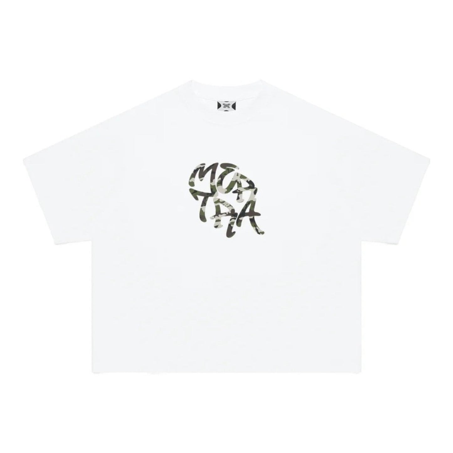 OFFCODE.USA white 100% cotton boxy fit tee with screen printed camouflage graphic