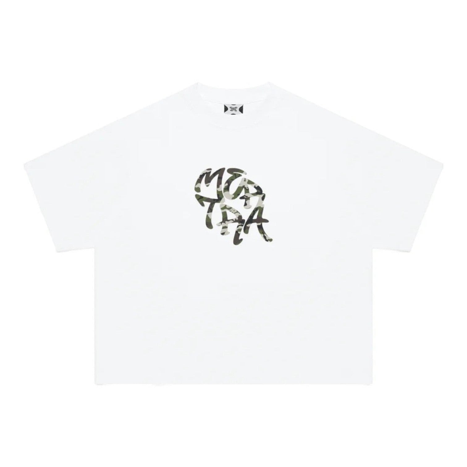 OFFCODE.USA white 100% cotton boxy fit tee with screen printed camouflage graphic