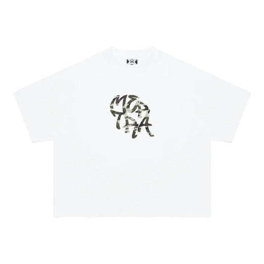 OFFCODE.USA white 100% cotton boxy fit tee with screen printed camouflage graphic
