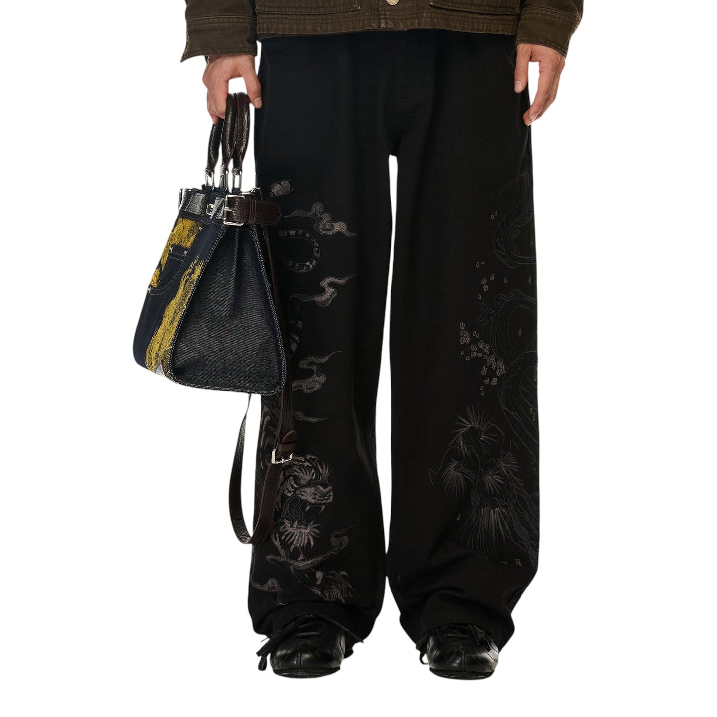 OFFCODE.USA yakuza v2 indigo raw denim handbag with leather handles, belt detail, and embroidered dragon design.