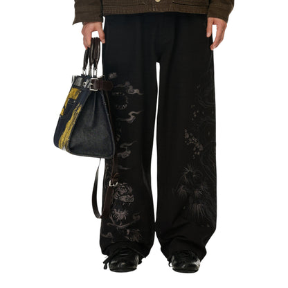 OFFCODE.USA yakuza v2 indigo raw denim handbag with leather handles, belt detail, and embroidered dragon design.