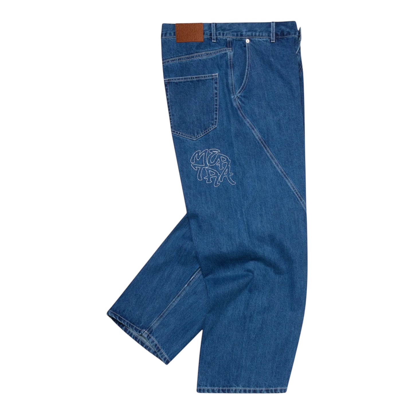 OFFCODE.USA Bigstep Denim blue jeans with baggy wide leg fit, rice embroidered graphics, signature panelling, and leather tab.