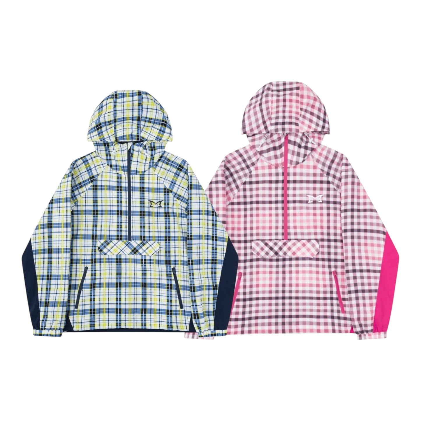 OFFCODE.USA plaid softshell jackets in blue/yellow and pink/purple check. Hooded, quarter-zip, with kangaroo pocket.