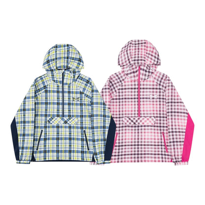 OFFCODE.USA plaid softshell jackets in blue/yellow and pink/purple check. Hooded, quarter-zip, with kangaroo pocket.