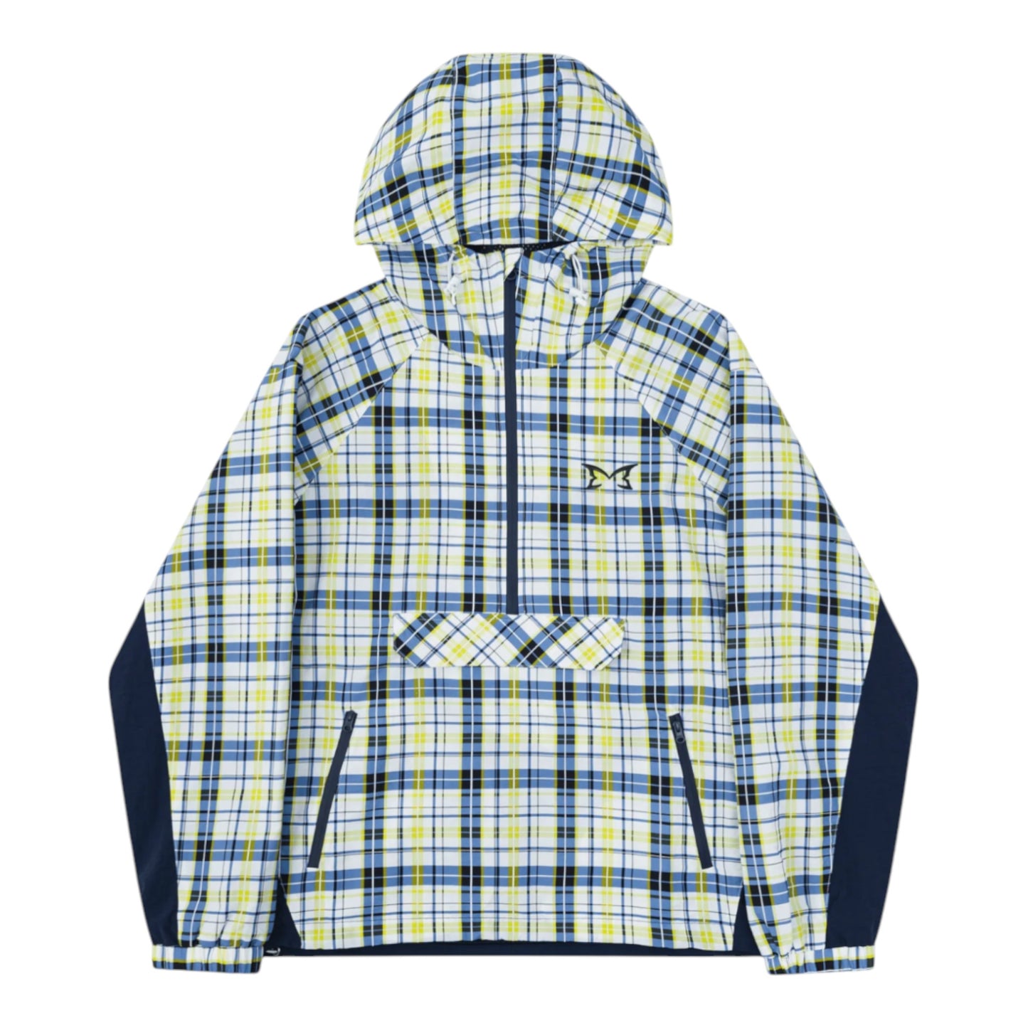 OFFCODE.USA Plaid Softshell hooded jacket with blue, yellow, and black plaid pattern, navy accents, and a quarter zip.