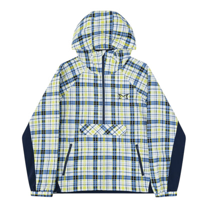 OFFCODE.USA Plaid Softshell hooded jacket with blue, yellow, and black plaid pattern, navy accents, and a quarter zip.