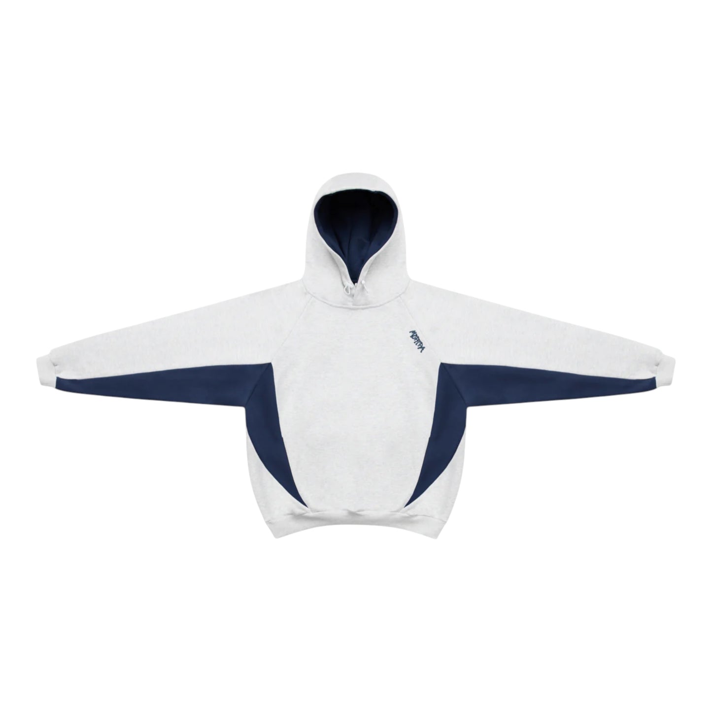 OFFCODE.USA Bigstep Hood: light grey hoodie with navy blue accents and embroidered logo on chest.