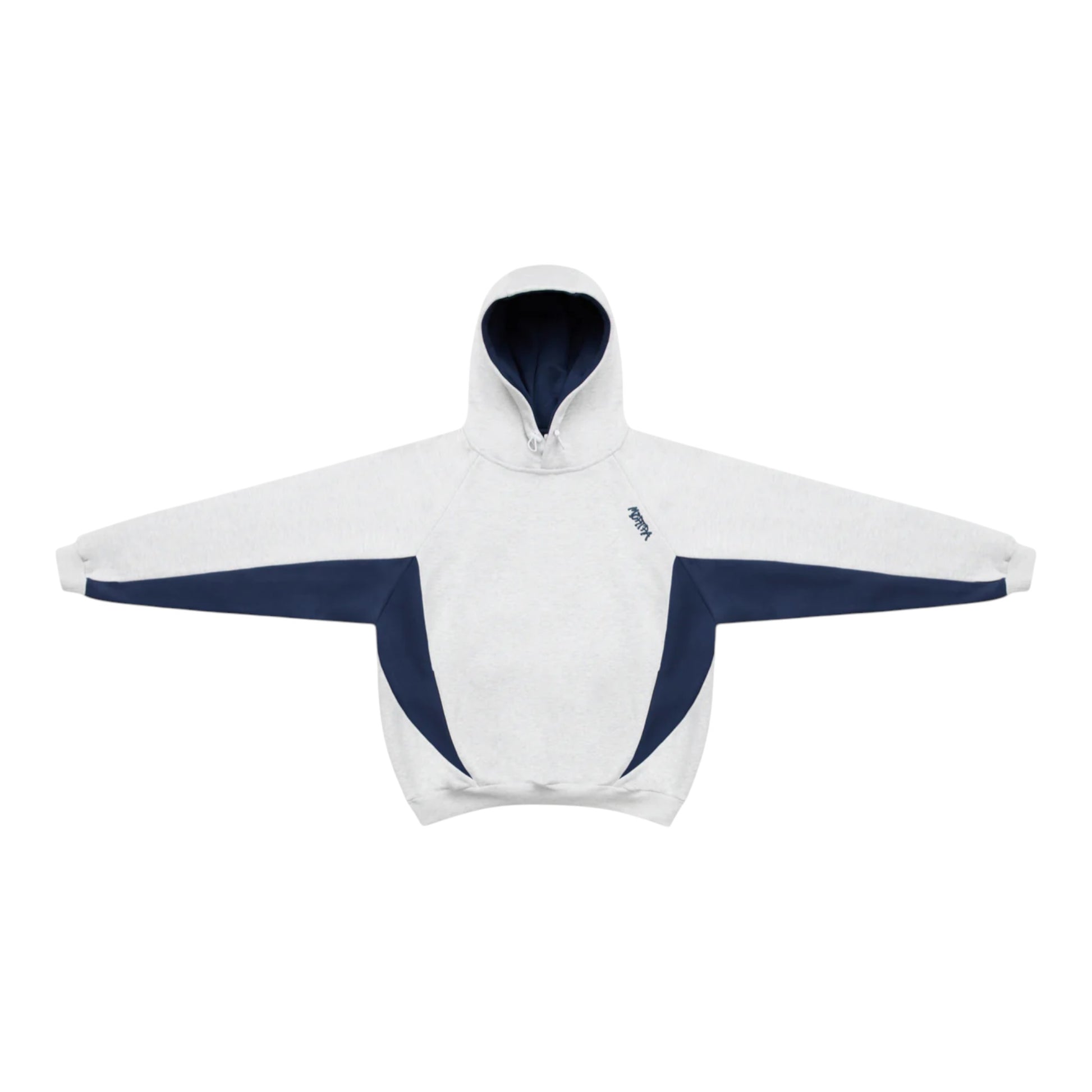 OFFCODE.USA Bigstep Hood: light grey hoodie with navy blue accents and embroidered logo on chest.