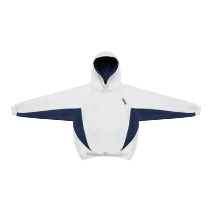 OFFCODE.USA Bigstep Hood: light grey hoodie with navy blue accents and embroidered logo on chest.