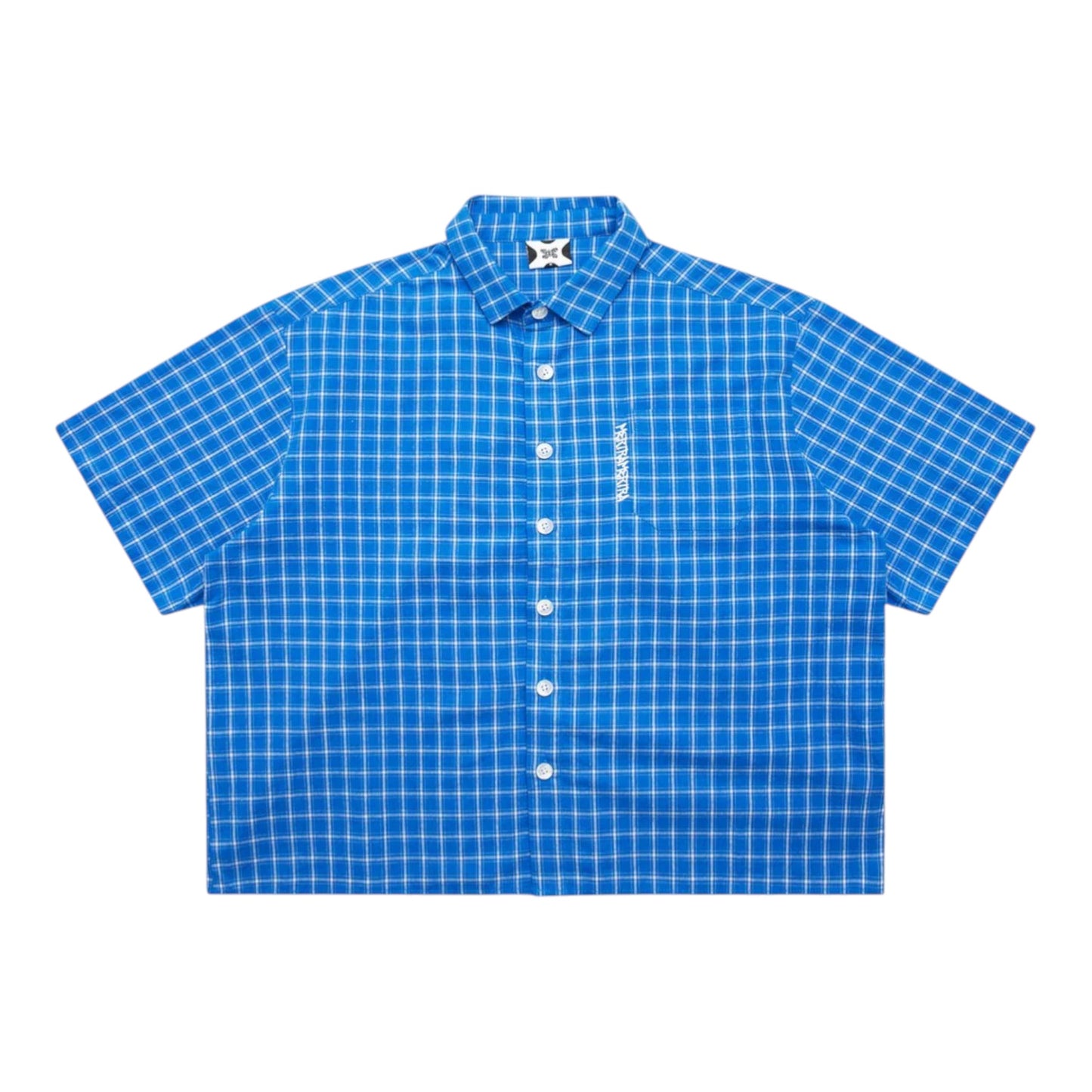 OFFCODE.USA blue and white plaid 100% cotton short-sleeve shirt with embroidered front graphic and tortoise shell buttons.