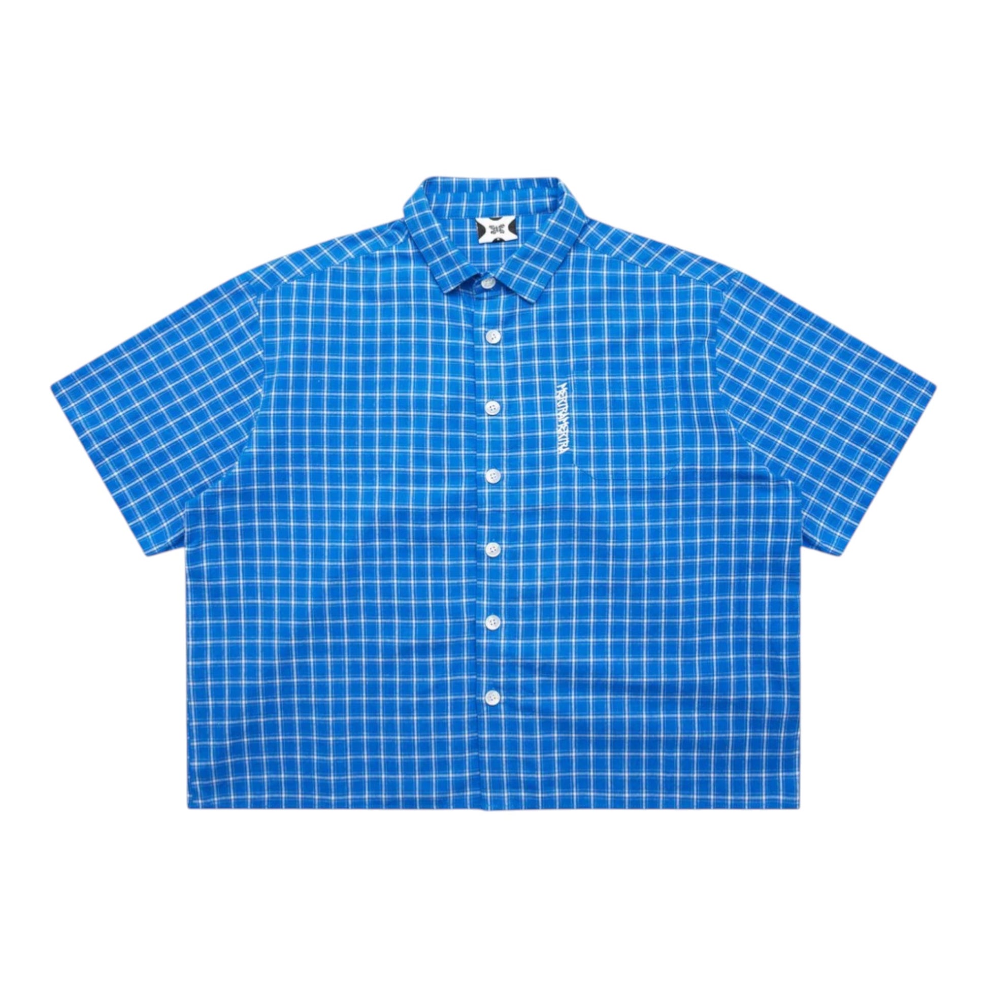 OFFCODE.USA blue and white plaid 100% cotton short-sleeve shirt with embroidered front graphic and tortoise shell buttons.