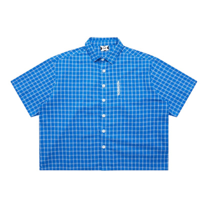 OFFCODE.USA blue and white plaid 100% cotton short-sleeve shirt with embroidered front graphic and tortoise shell buttons.