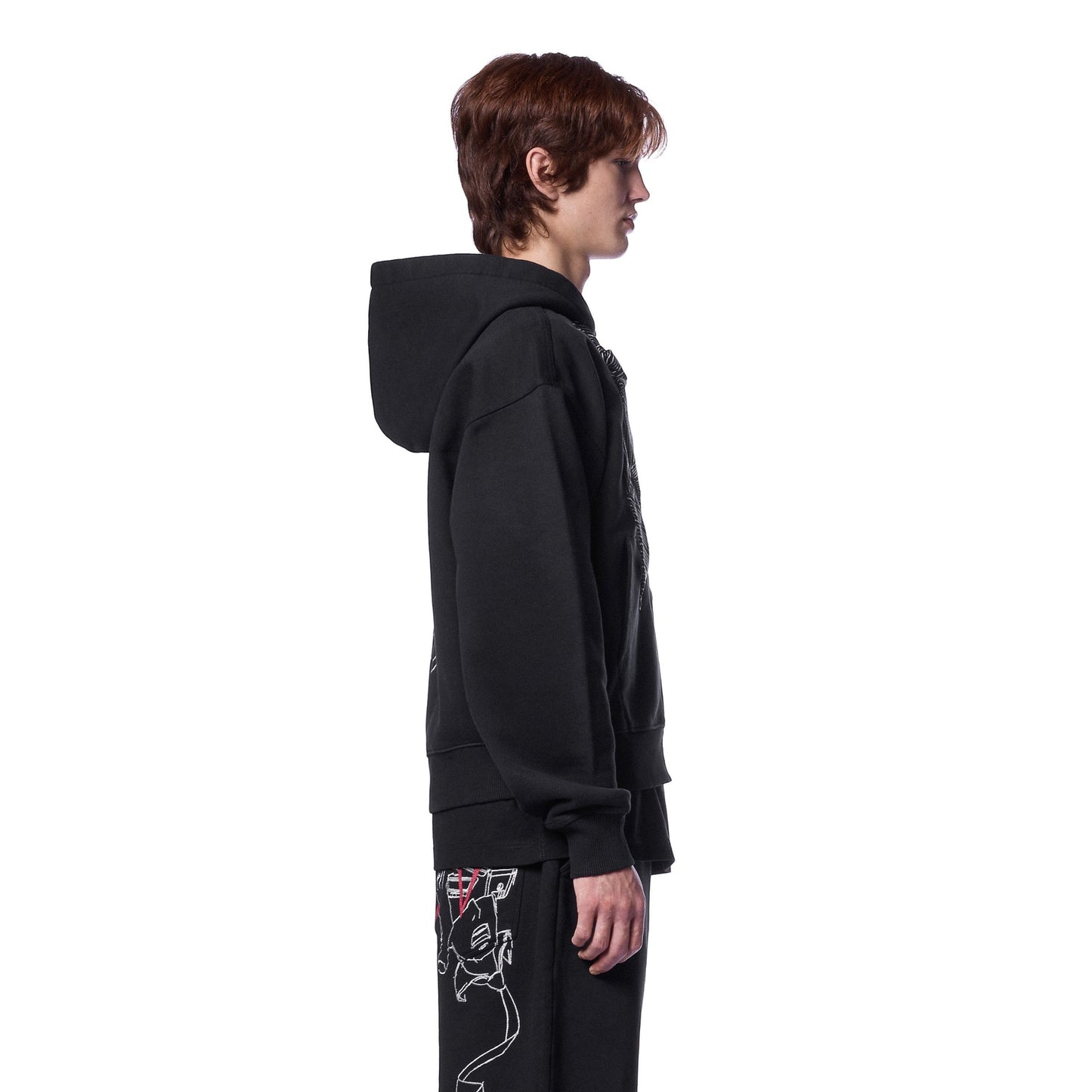 OFFCODE.USA black cotton zip-up hoodie with embroidered details on front and back. Model wearing size L.