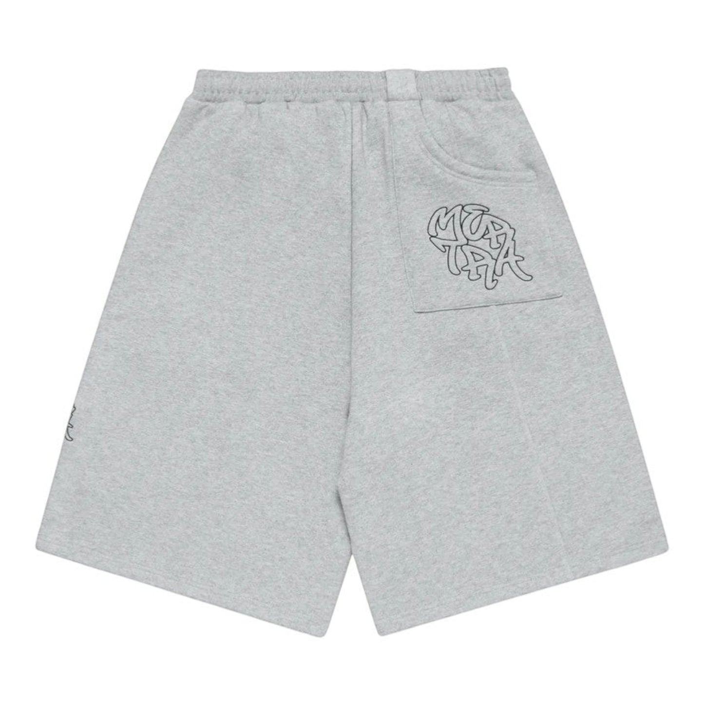 OFFCODE.USA Bigstep grey cotton blend shorts with wide leg fit, embroidered graphics on back pocket and signature panelling.