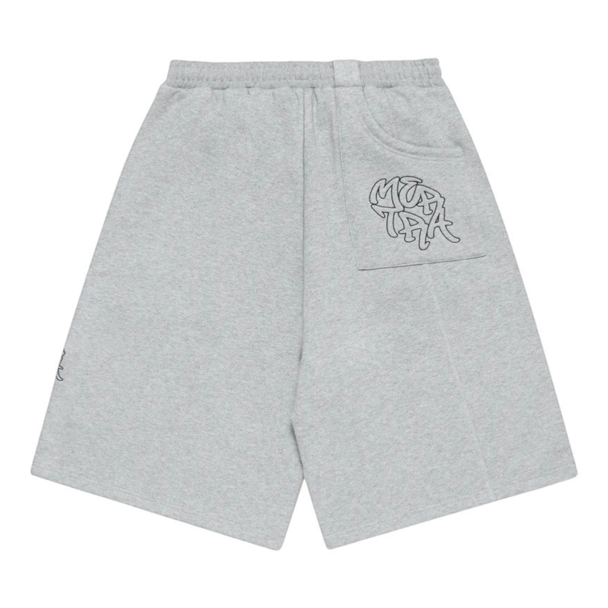 OFFCODE.USA Bigstep grey cotton blend shorts with wide leg fit, embroidered graphics on back pocket and signature panelling.