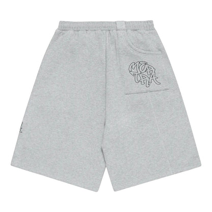 OFFCODE.USA Bigstep grey cotton blend shorts with wide leg fit, embroidered graphics on back pocket and signature panelling.