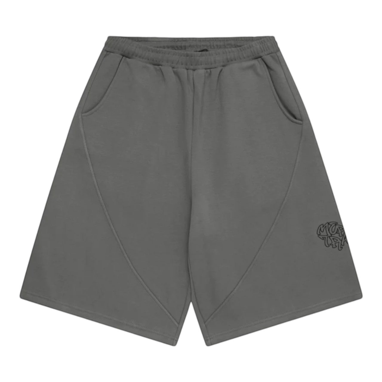OFFCODE.USA Bigstep Shorts in charcoal grey. Features signature panelling, embroidered graphics, and a wide leg fit.