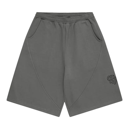OFFCODE.USA Bigstep Shorts in charcoal grey. Features signature panelling, embroidered graphics, and a wide leg fit.