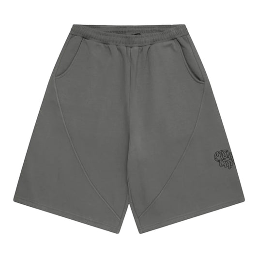 OFFCODE.USA Bigstep Shorts in charcoal grey. Features signature panelling, embroidered graphics, and a wide leg fit.