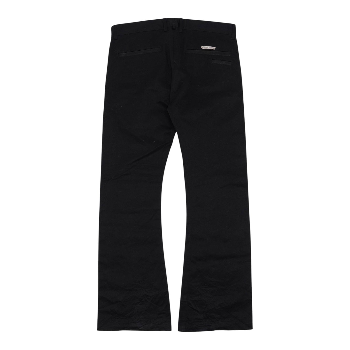 OFFCODE.USA black 100% cotton flare Richard cut chino pants with a subtle metal logo detail on the back pocket.
