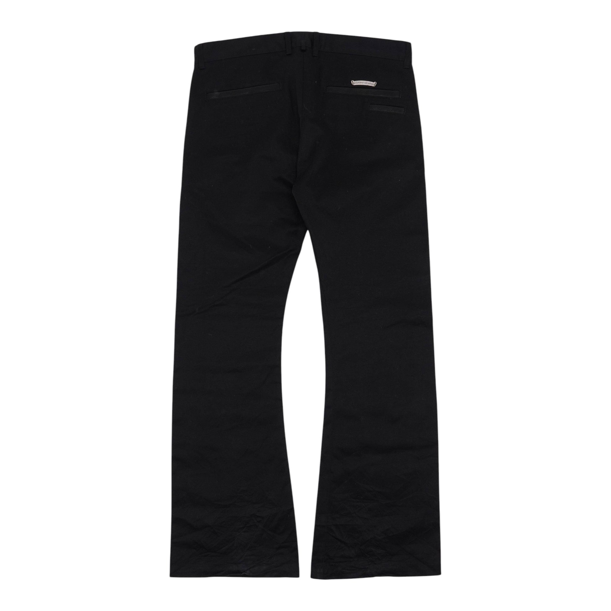 OFFCODE.USA black 100% cotton flare Richard cut chino pants with a subtle metal logo detail on the back pocket.