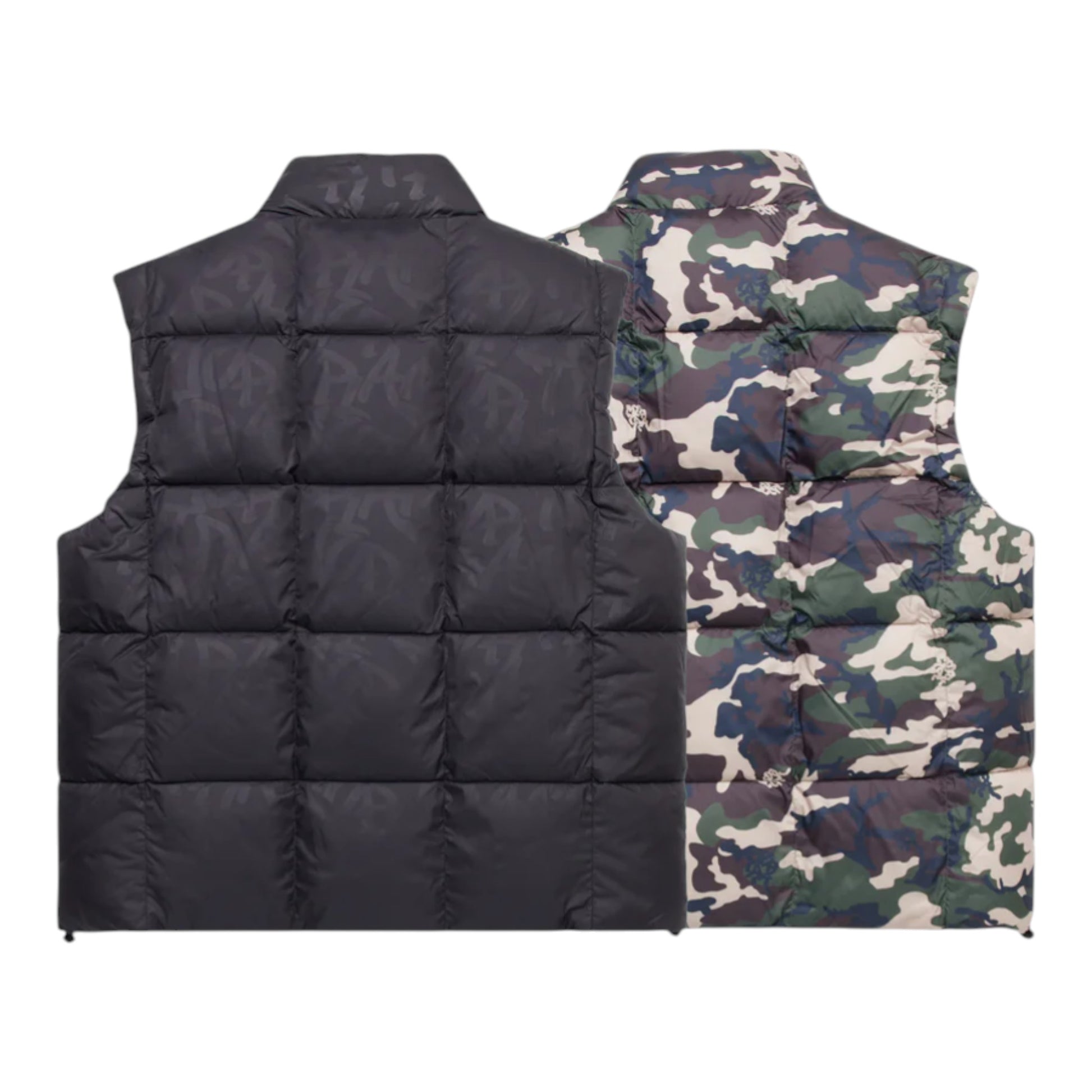 OFFCODE.USA reversible puffer vest with black iridescent monogram and camo pattern, nylon + polyester shells, down fill.