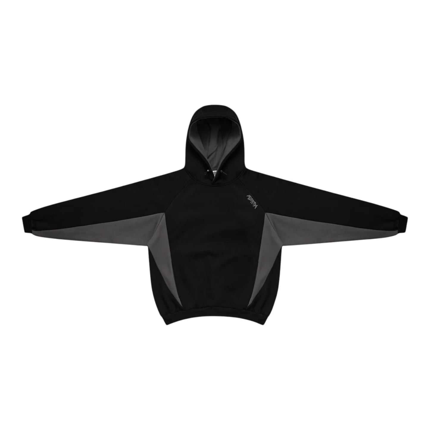 OFFCODE.USA Bigstep Hood: black and grey color-blocked hoodie with drawstring hood and embroidered logo.