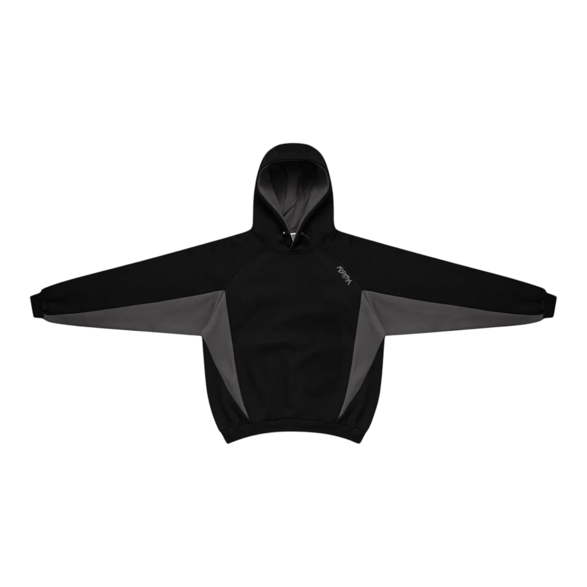 OFFCODE.USA Bigstep Hood: black and grey color-blocked hoodie with drawstring hood and embroidered logo.