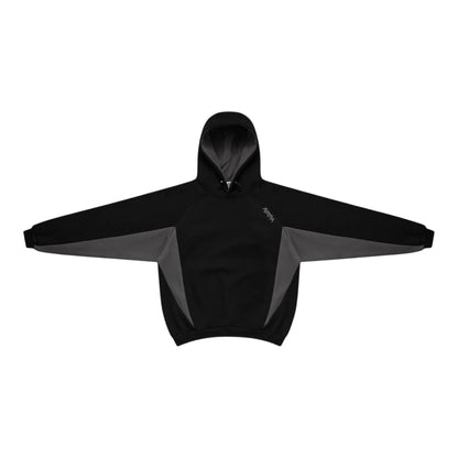 OFFCODE.USA Bigstep Hood: black and grey color-blocked hoodie with drawstring hood and embroidered logo.