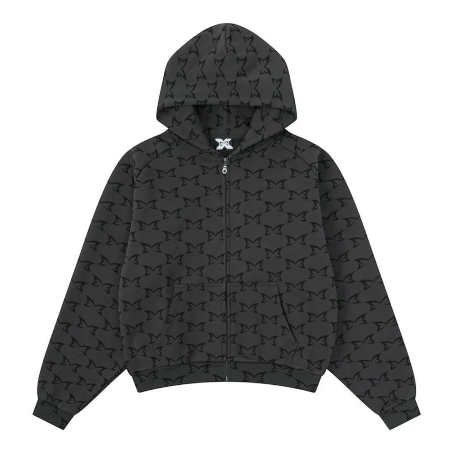 OFFCODE.USA dark grey zip-up hoodie with seamless hood and all-over digital printed monogram pattern.
