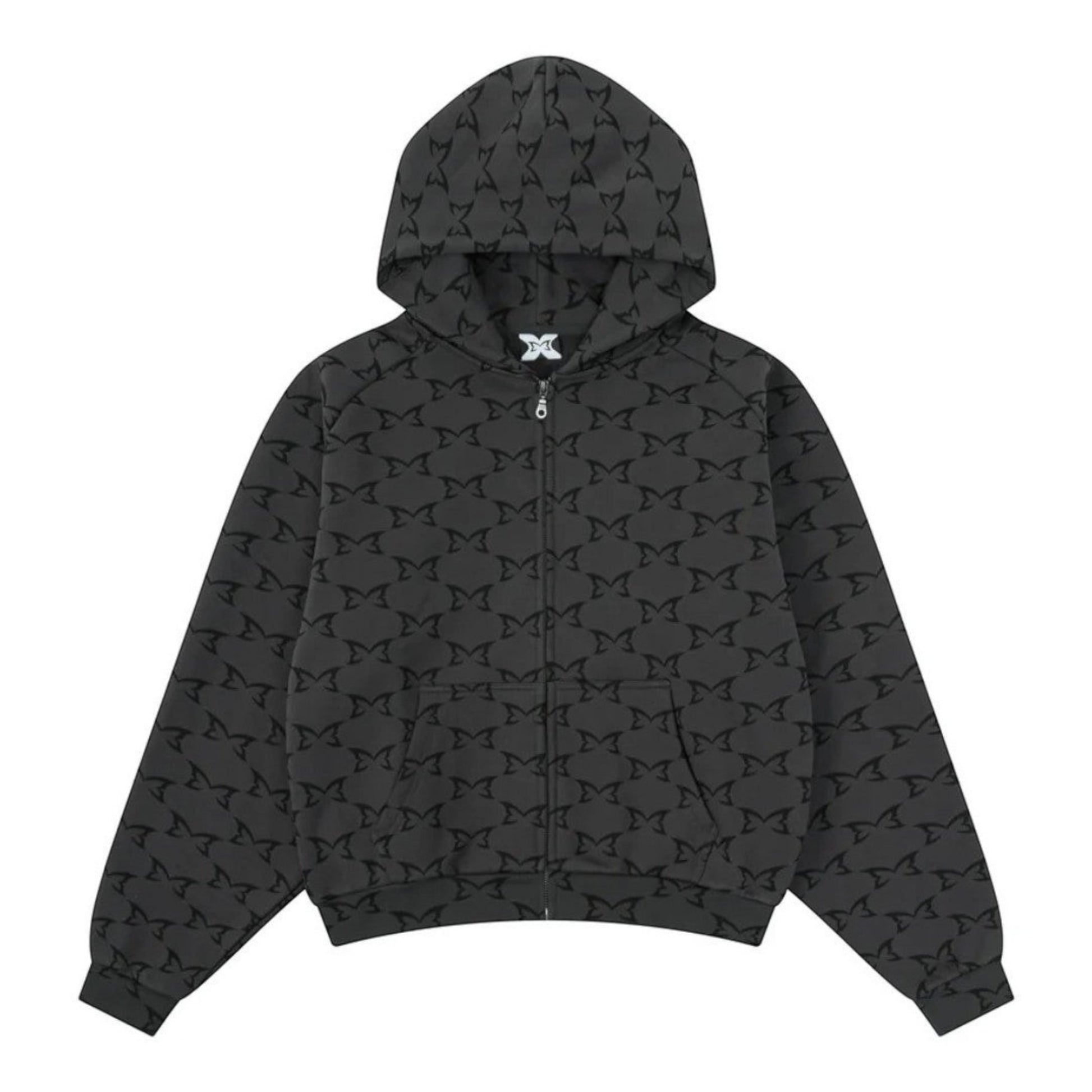 OFFCODE.USA dark grey zip-up hoodie with seamless hood and all-over digital printed monogram pattern.