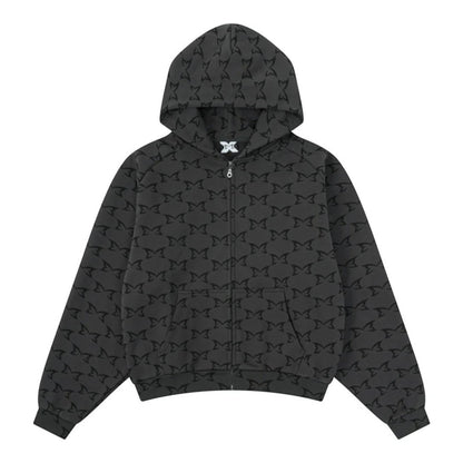 OFFCODE.USA dark grey zip-up hoodie with seamless hood and all-over digital printed monogram pattern.
