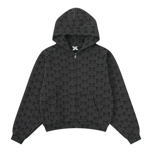 OFFCODE.USA dark grey zip-up hoodie with seamless hood and all-over digital printed monogram pattern.