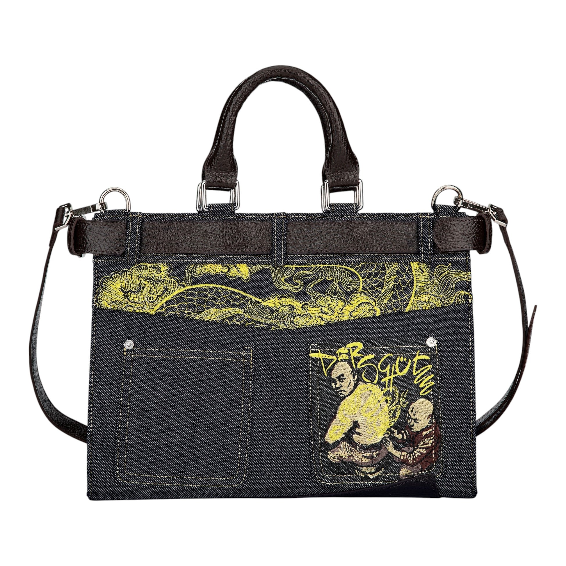 OFFCODE.USA yakuza v2 indigo raw denim handbag with leather belt detail, yellow embroidery, and adjustable strap.