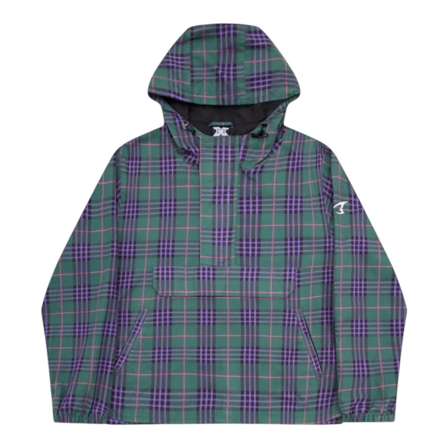 OFFCODE.USA green tartan hooded anorak jacket with purple and pink lines, featuring a half-zip and front pouch pocket.